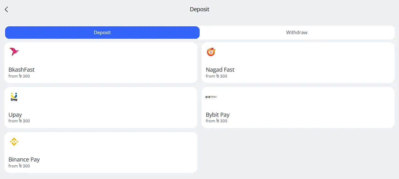 Glory Casino deposit and withdrawal methods