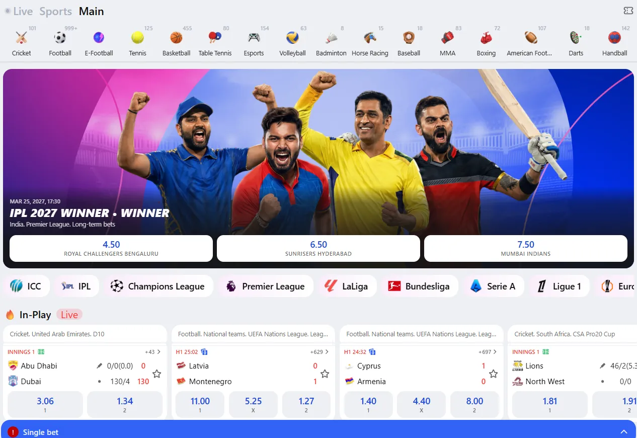 Glory Casino sportsbook and betting interface
